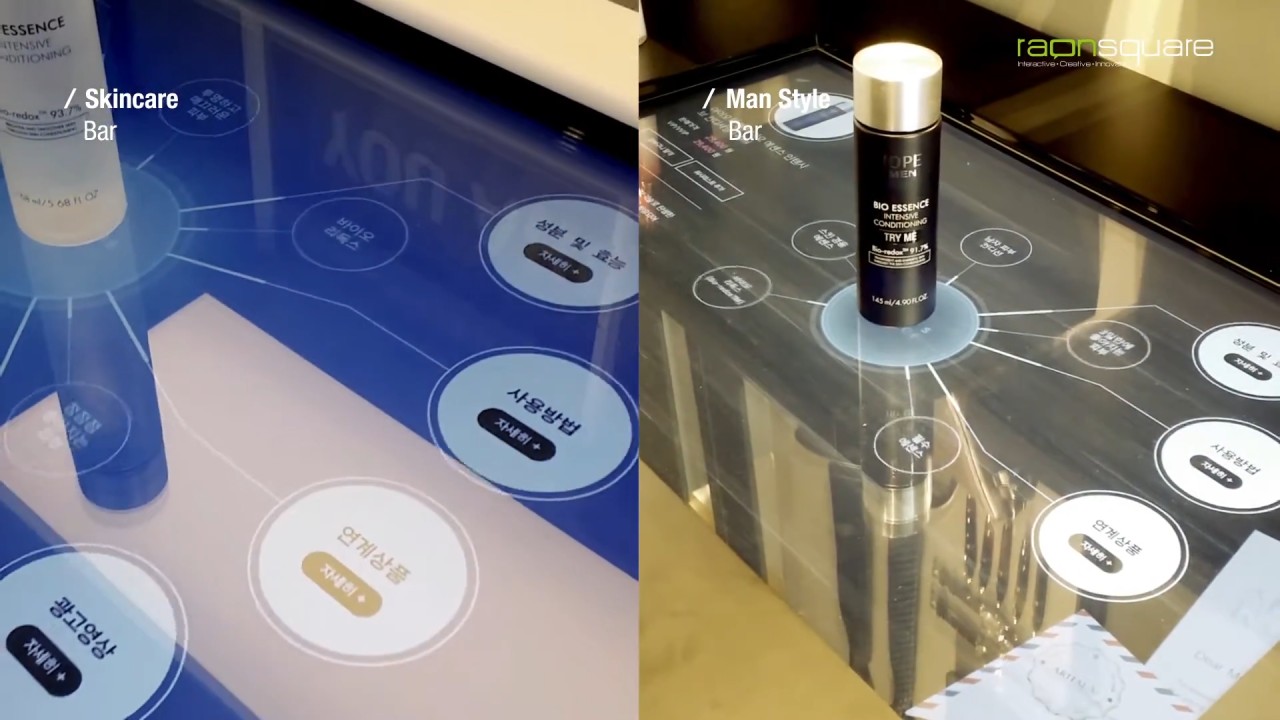 RFID 센서를 활용해 제품을 화면 위에 올리면 상세 정보와 뷰티 팁을 얻을 수 있는 인터랙티브 테이블